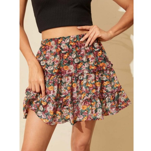 Dresses & Skirts - Floral Print High Waist Ruffle Hem Mini Skirt